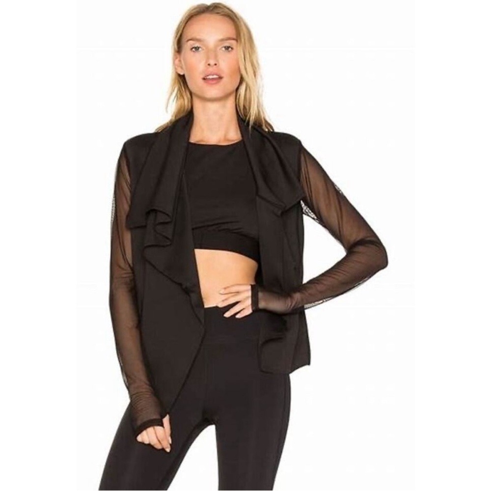 ALALA Black Sophisticate Draped Jacket Sheer‎ Mesh Sleeve Size Small